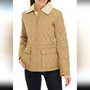 Lauren Ralph Lauren Sherpa Contrast Collar Quilted Jacket Beige Tan Small Petite